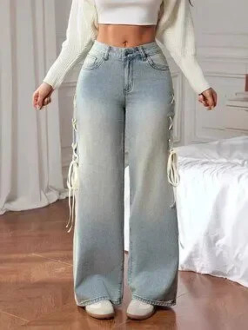 Lace-Up Wide Leg Jeans